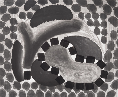 Howard Hodgkin David’s Pool at Night etching with hand-colored abstract black shapes and bold brushstrokes on gray background.