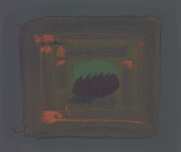 Howard Hodgkin Tropical Fruit serigraph with abstract oval in green and red amid layered strokes in earthy brown and vivid orange. 