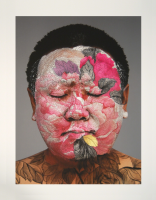 Huang Yan, Self Portrait, mixed-media print of the artist’s face with intricate floral patterns in pink and red, symbolizing cultural heritage.