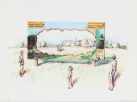 Ilya Kabakov Untitled screenprint showing people viewing cutout landscape revealing idyllic scene with French dialogue above
