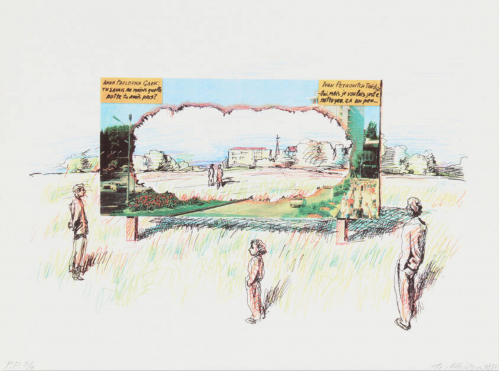 Ilya Kabakov Untitled screenprint showing people viewing cutout landscape revealing idyllic scene with French dialogue above