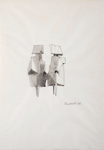 Ink drawing by Lynn Chadwick of two abstract, geometric figures with shaded triangular forms, signed 'Chadwick 68' in bottom right.