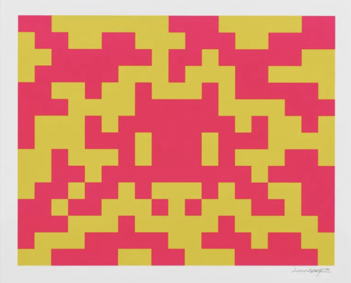 Invader Camo M-2C-M1 screenprint showing pink and yellow pixelated camouflage pattern on Somerset Satin Cotton.