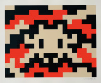 Invader CAMO M-3C-M2 screen print with pixelated alien face in red
