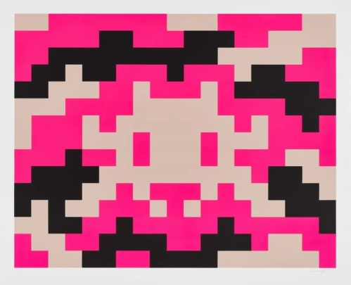 Invader CAMO XXL-3C-M1 2024 screenprint with pixelated pink, beige, and black camouflage and Space Invader motif on cotton. 