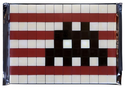 Invader Invasion Tile Kit #18 L.A tile artwork with red, white, and black tiles forming pixelated alien over striped background.  