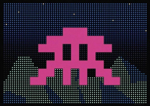 Invader LED screenprint with pink pixelated alien on a blue-black dotted background mimicking an LED display effect.