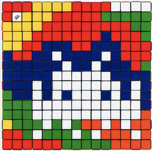 Invader Rubik Camouflage NVDR1-2 giclée with pixelated white alien over red, green, blue, and yellow Rubik-style square grid. 
