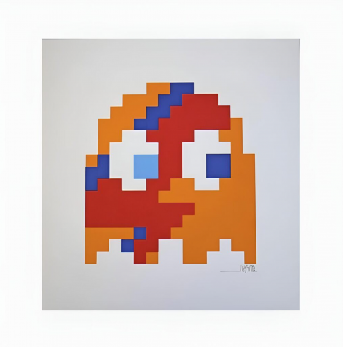 Invader’s Aladdin Sane Orange, 2014, screen print of a pixelated Pac-Man ghost with a Bowie-inspired lightning bolt, using vibrant orange and blue colors. Invader’s Aladdin Sane Orange, 2014, screen print of a pixelated Pac-Man ghost with a Bowie-inspired lightning bolt, using vibrant orange and blue colors.