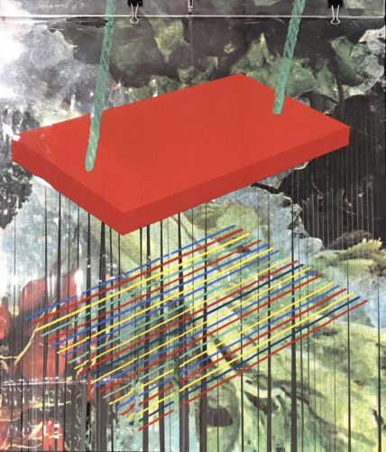 James Rosenquist Sketch for Forest Ranger 1967 silkscreen with red swing over leafy background and colorful diagonal grid 