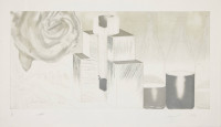 James Rosenquist's Just Desert Israel 2nd State, 1979, intaglio with pochoir, features abstract geometric and organic forms in a monochromatic palette.