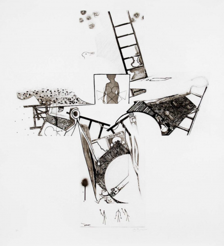 Jasper Johns The Season etching with abstract nude torso, black ladders, and gestural forms in a cross-shaped composition.