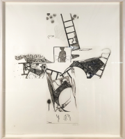 Jasper Johns The Season etching with abstract nude torso, black ladders, and gestural forms in a cross-shaped composition.