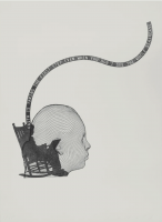 Jaume Plensa Faith is taking the first step relief print of a wireframe child's head with arched text ribbon emerging above. 