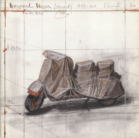 Christo Wrapped Vespa digital print with collage showing a Vespa covered in brown fabric and string