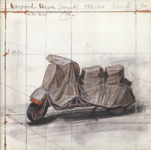 Christo Wrapped Vespa digital print with collage showing a Vespa covered in brown fabric and string, with technical sketches.  