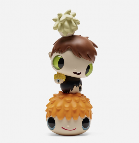 Javier Calleja Heads ver.2 PVC and glass sculpture of stacked cartoon figures with large eyes and colorful hair.  