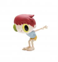 Javier Calleja No Wings to Fly vinyl and glass sculpture of red-haired figure with big eyes leaning forward arms extended. 