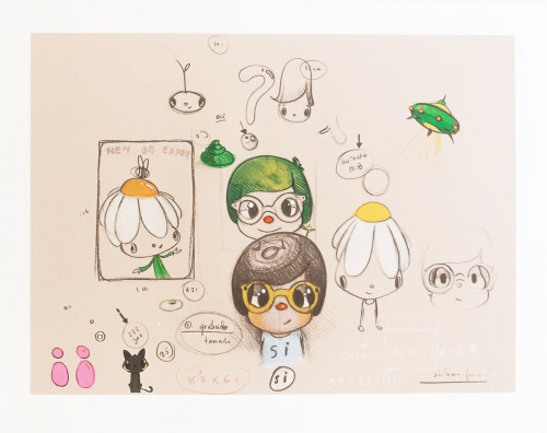 Javier Calleja Si 2024 serigraph with cartoon figures, handwritten notes, pastel tones, and hand-applied stickers on paper. 