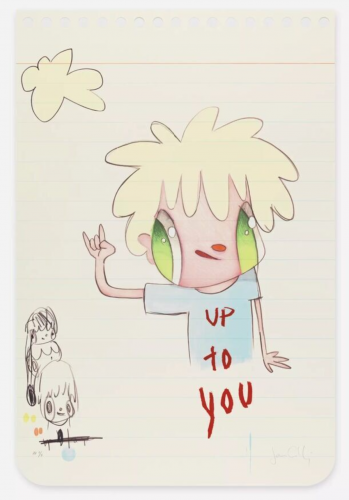 Javier Calleja Up To You print of cartoon figure with green eyes and blond hair on notebook-style paper with red text. 