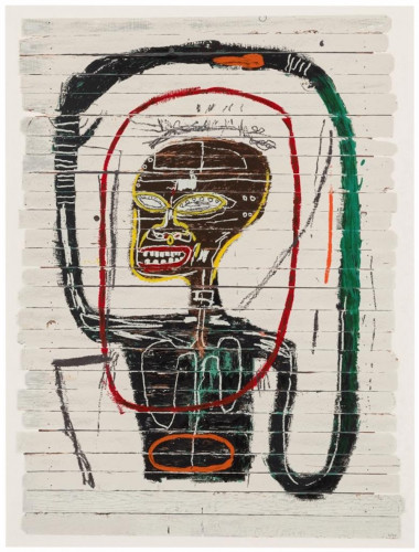 Jean-Michel Basquiat Flexible screenprint of skeletal figure with bold outlines on textured white slats and looping red and black lines