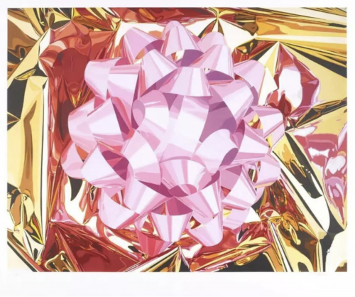Jeff Koons Pink Bow inkjet print of shiny pink ribbon on reflective gold and red crinkled foil background.  