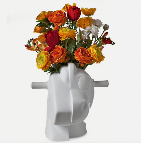 Jeff Koons Split-Rocker Vase, white porcelain, depicting a cartoonish hybrid animal head with flowers blooming from the top.  