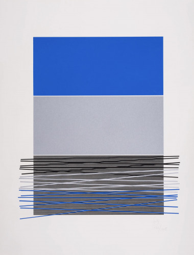 Jesús Rafael Soto screenprint with blue, gray, and layered horizontal lines creating optical vibration, signed and numbered, 1976