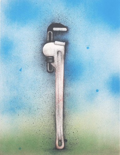 Jim Dine Big Red Wrench in a Landscape lithograph showing a large pipe wrench on a blue and green sprayed background. Jim Dine Big Red Wrench in a Landscape lithograph showing a large pipe wrench on a blue and green sprayed background.