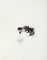 Jim Dine C-Clamp, lithograph featuring a single C-clamp centered in a smoky, textured background, part of Ten Winter Tools series, minimalist style.