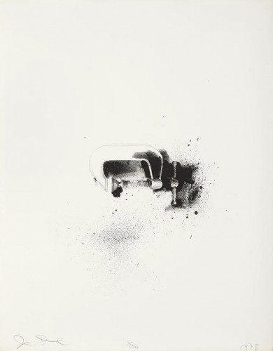 Jim Dine C-Clamp, lithograph featuring a single C-clamp centered in a smoky, textured background, part of Ten Winter Tools series, minimalist style.