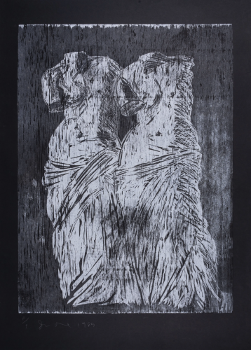 Jim Dine Double Venus Woodcut II black-and-white woodcut showing two headless classical female figures with flowing drapery