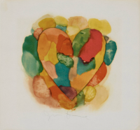 Jim Dine Imogen I screenprint with bold multicolored heart formed from overlapping blotches in vibrant tones on white background
