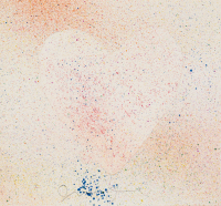 Jim Dine Imogen II screenprint with faint heart shape amid dense multicolored ink splatters on pale background