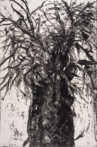 Jim Dine Left Panel woodcut in black and white showing expressive, abstract plant-like form with bold gestural strokes