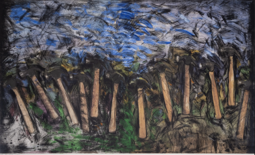 Jim Dine Running Hammers in a Landscape color print with upright hammers in green landscape beneath expressive blue sky