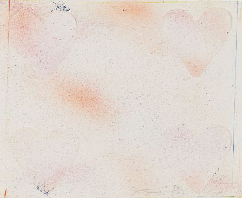 Jim Dine Untitled Dutch Hearts lithograph with four faint pink hearts and multicolored ink splatters on white background