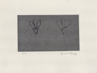 Joan Hernández Pijuan Flors sobre gris aquatint and drypoint showing two abstract flower forms on a muted gray background.