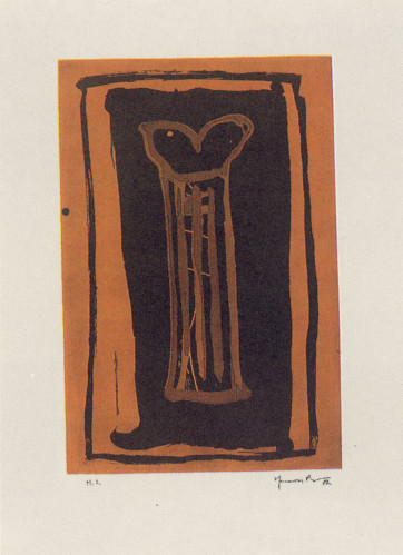 Joan Hernández Pijuan Gerro ocre aquatint showing a simplified ochre vase shape with black border and vertical interior lines.