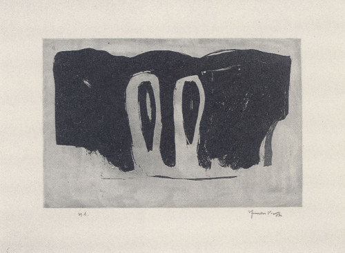 Joan Hernández Pijuan Xiprers en el paisatge aquatint with two vertical cypress forms set against a dark abstract landscape. Joan Hernández Pijuan Xiprers en el paisatge aquatint with two vertical cypress forms set against a dark abstract landscape.