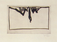 Joan Hernández Pijuan Paisatge amb xiprers–IV aquatint with abstract dark forms evoking cypress trees in a hand-drawn rectangle.