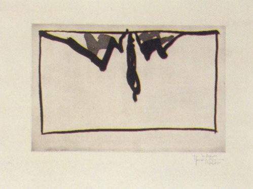 Joan Hernández Pijuan Paisatge amb xiprers–IV aquatint with abstract dark forms evoking cypress trees in a hand-drawn rectangle.