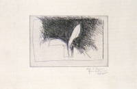 Joan Hernández Pijuan Planta etching with leaf-like form emerging from dark crosshatched upper area in minimalist composition.