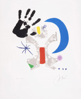 Joan Miró Bonjour Max Ernst color etching with black handprint, abstract shapes, embossing, signed and numbered, 1976