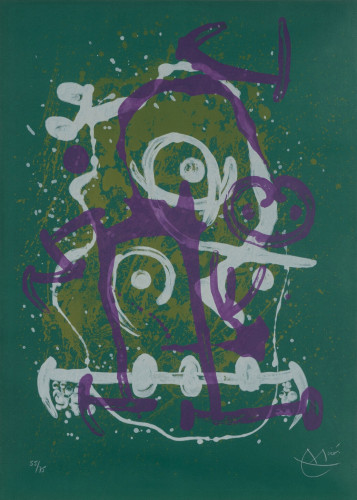 Joan Miró Chevauchée lithograph with swirling purple, white, and green abstract forms over deep green background.