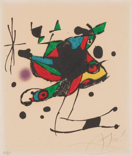 Joan Miró Fundació Miró Invitation lithograph, bold black lines with vibrant red, green, blue, and yellow abstract shapes.