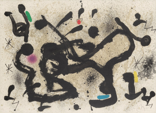 Joan Miró Homenatge à Joan Prats lithograph, abstract black strokes with bright color spots on speckled beige background.