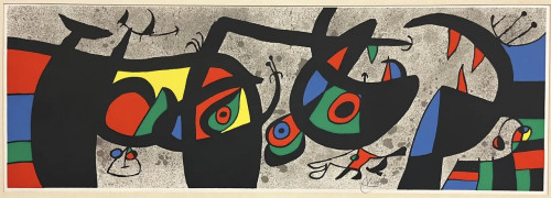 Joan Miró Le lézard aux plumes d’or – II lithograph with abstract black figures and bold primary colors on textured grey background