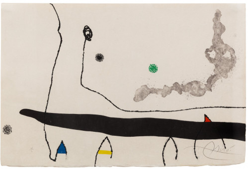 Joan Miró Le Marteau etching with black lines, color accents, and soft textures on cream Japan paper.