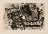 Joan Miró Les Geants III aquatint with black gestural marks and splatters on cream paper with embossing and textured surface